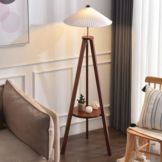 Pleated Cone Wooden Tripod Floor Lamp with Shelf Zawala Image - 4