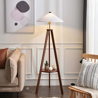 Pleated Cone Wooden Tripod Floor Lamp with Shelf Zawala Image - 5