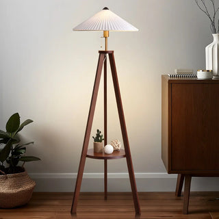 Pleated Cone Wooden Tripod Floor Lamp with Shelf Zawala Image - 6