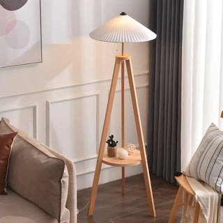 Pleated Cone Wooden Tripod Floor Lamp with Shelf Zawala Image - 7
