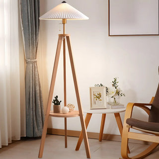 Pleated Cone Wooden Tripod Floor Lamp with Shelf Zawala Image - 8