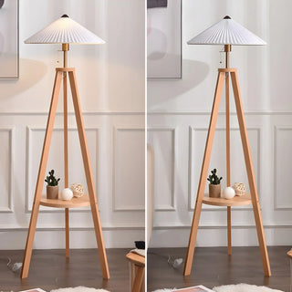 Pleated Cone Wooden Tripod Floor Lamp with Shelf Zawala Image - 9