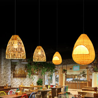 ZOWALA - Oriental Cone Rattan Restaurant Wood Color Pendant Light Image - 3