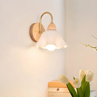 Bedroom Wood Frosted Flower Pull String Wall Sconce Zawala Image - 2