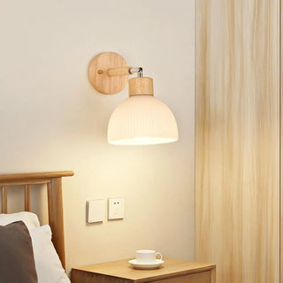 Nordic Ribbed Glass Wooden Dome Bedside Wall Sconce Zawala Image - 1