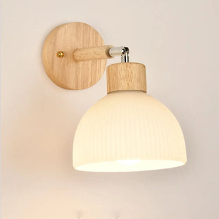 Nordic Ribbed Glass Wooden Dome Bedside Wall Sconce Zawala Image - 10