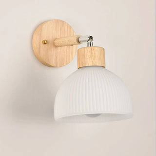Nordic Ribbed Glass Wooden Dome Bedside Wall Sconce Zawala Image - 11