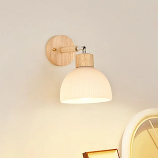 Nordic Ribbed Glass Wooden Dome Bedside Wall Sconce Zawala Image - 4