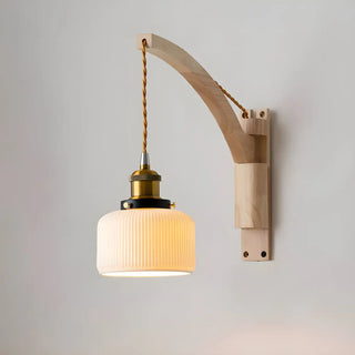 ZOWALA - Japanese Swing Arm Cylinder Wood Ceramic White Wall Sconce Image - 2