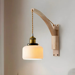 ZOWALA - Japanese Swing Arm Cylinder Wood Ceramic White Wall Sconce Image - 4