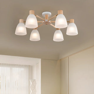 ZOWALA - Large Wood White Glass Semi-Flush Mount Lamp 6-Light Image - 1