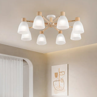 ZOWALA - Large Wood White Glass Semi-Flush Mount Lamp 6-Light Image - 2