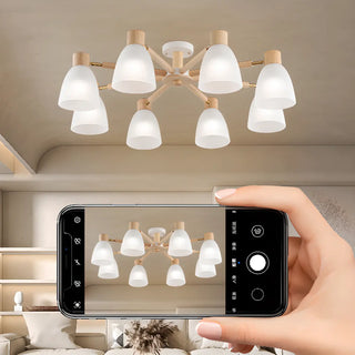 ZOWALA - Large Wood White Glass Semi-Flush Mount Lamp 6-Light Image - 7