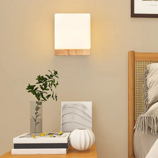 Frosted Glass Rectangular Bedside Wood Wall Sconce Zawala Image - 2