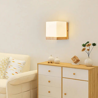 Frosted Glass Rectangular Bedside Wood Wall Sconce Zawala Image - 4