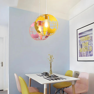 Yellow Dining Room World Map Globe Cage Metal Pendant Light Zawala Image - 4