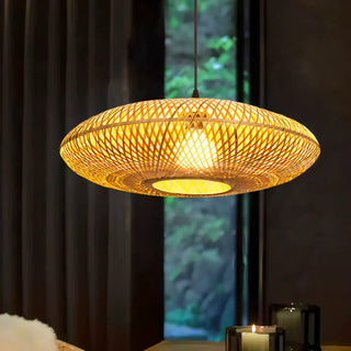 ZOWALA - Natural Oriental Bamboo Woven UFO Pendant Light Image - 2